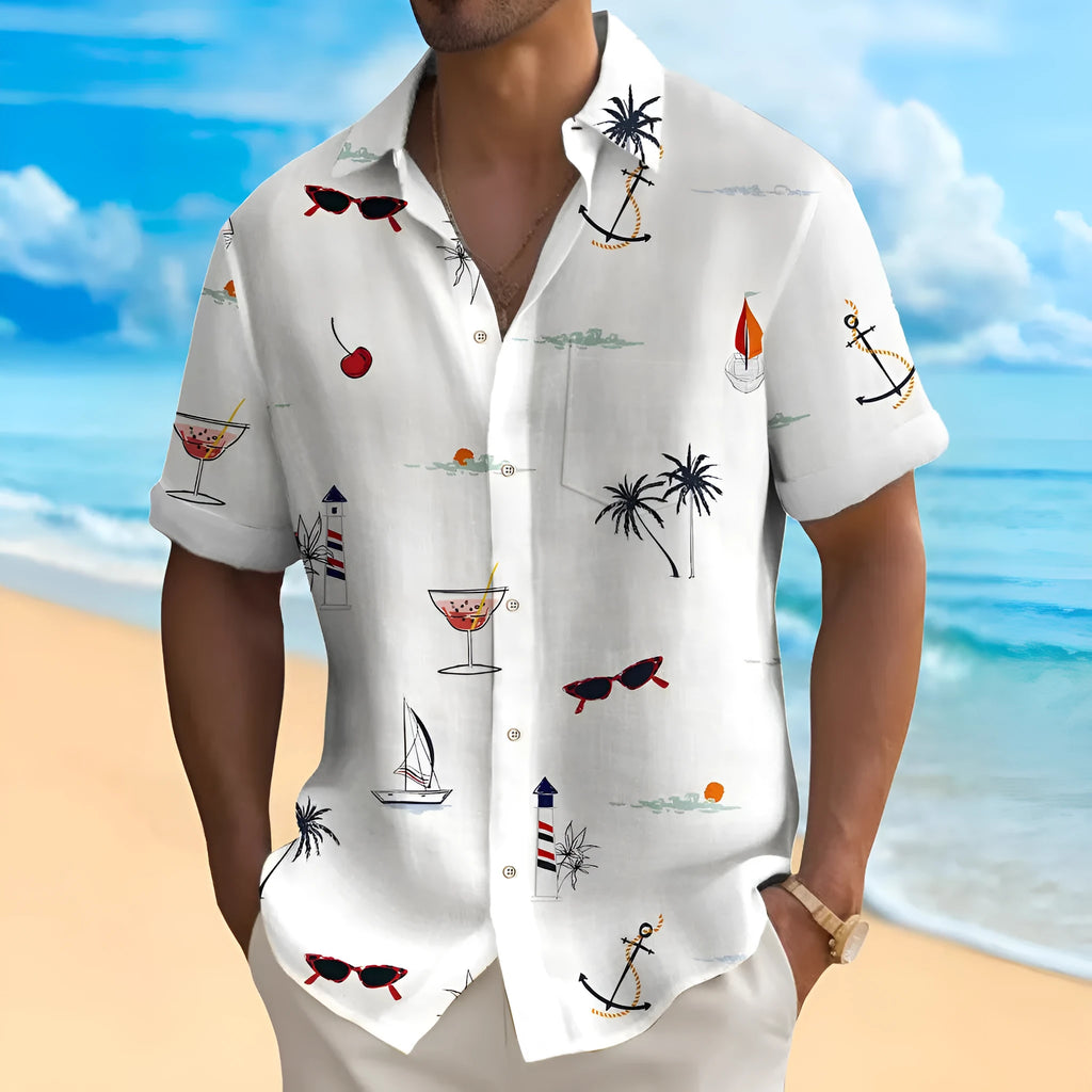 Men's loose-fit Hawaiian short-sleeve shirt in a solid colour with digital printing.