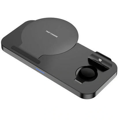 Black 3-in-1 wireless fast charger showing iPhone, Apple Watch and AirPods charging simultaneously on 210mm × 130mm surface