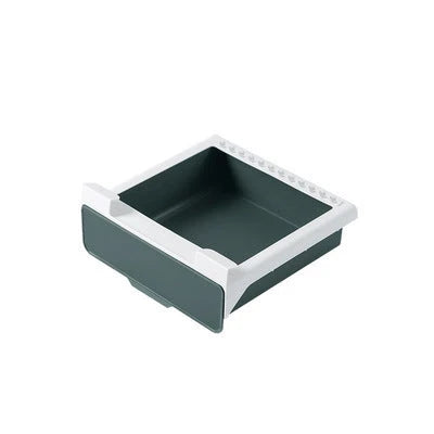 Under cabinet hanging storage box for kitchen utensils in white, green, and blue
