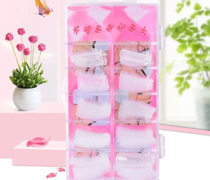 100-piece crystal transparent false nail set with solid-state extension glue and multiple sizing options