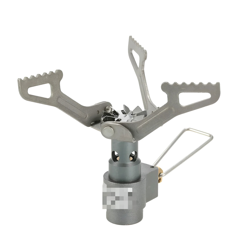 Single-piece portable propane gas camping stove for outdoor use.