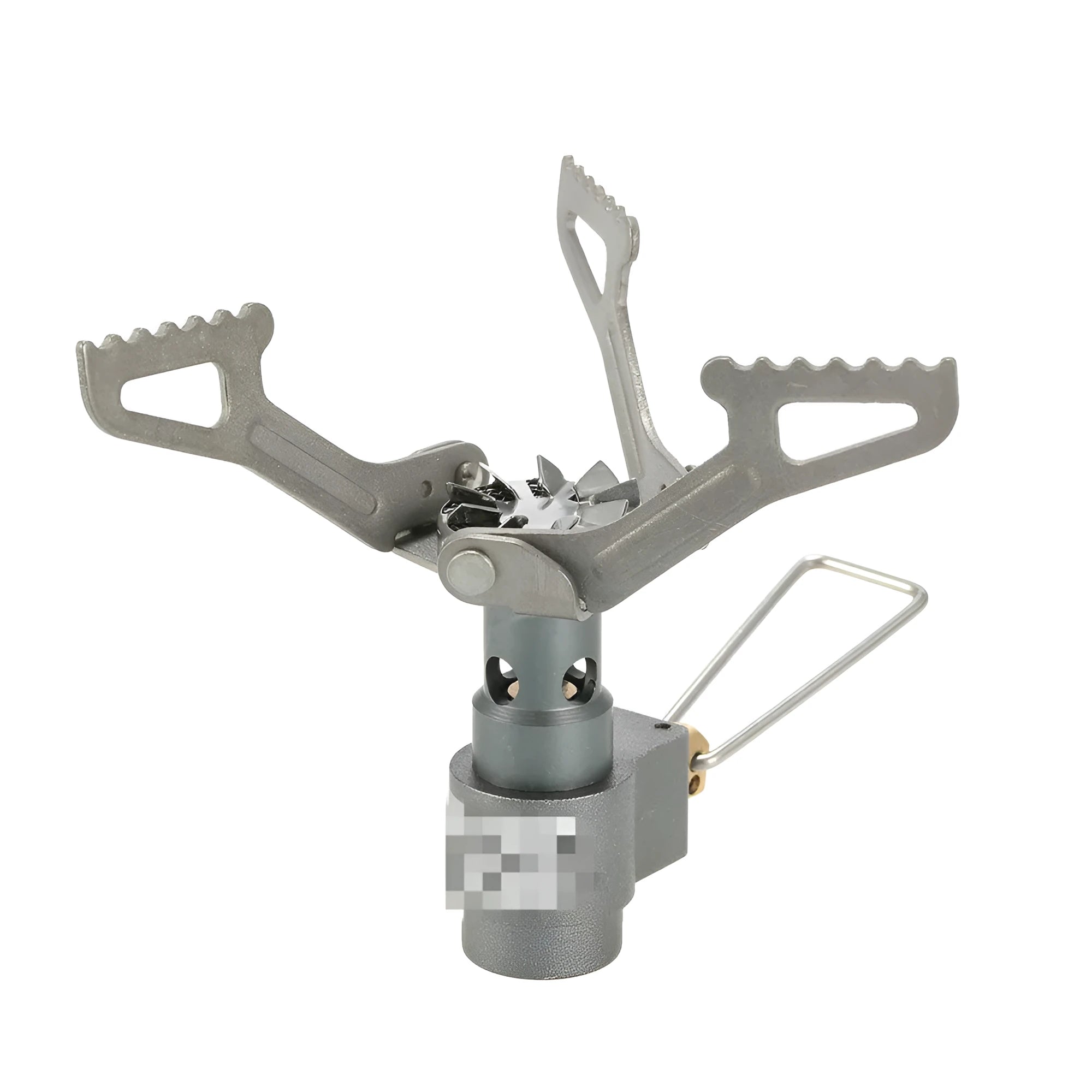 Single-piece portable propane gas camping stove for outdoor use.