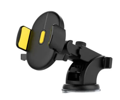 Black telescopic car dashboard phone holder with suction cup extended, showing 360-degree rotation.