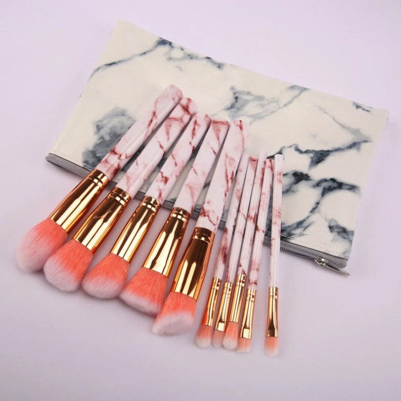10-piece marble makeup brush set with 5 large and 5 small brushes for precise beauty application