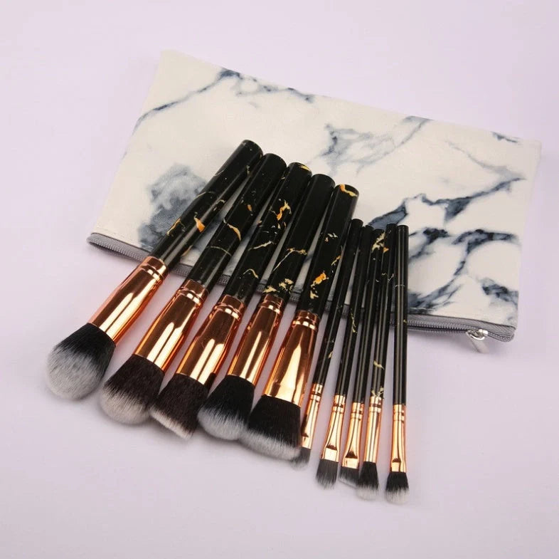10-piece marble makeup brush set with 5 large and 5 small brushes for precise beauty application
