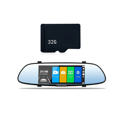 V37 7-inch screen driving recorder mounted on car windscreen showing 1080P footage playback