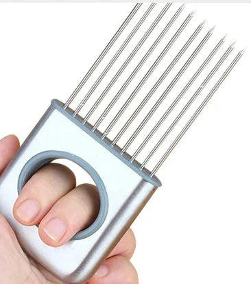 Stainless steel onion cutter with plastic handle for slicing vegetables and tenderising meat