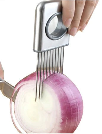 Stainless steel onion cutter with plastic handle for slicing vegetables and tenderising meat