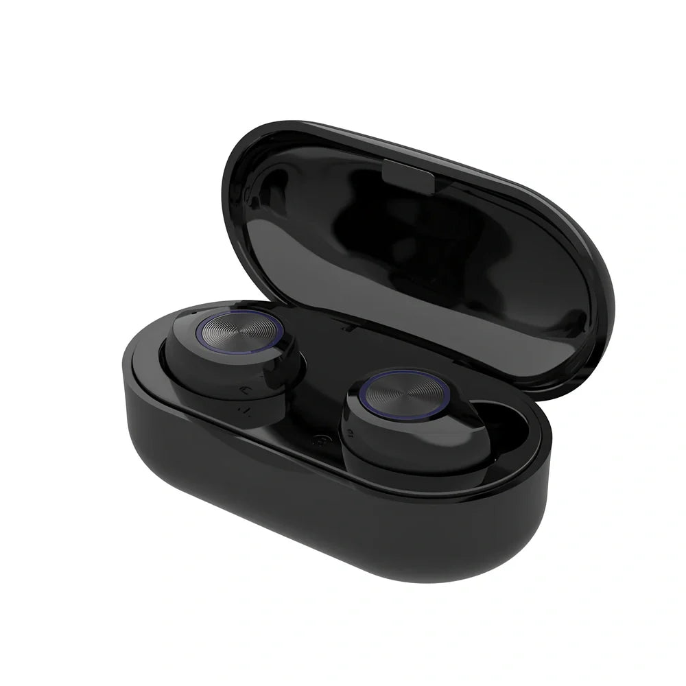 Bilateral stereo Bluetooth 5.0 earphones in black with 15m range for calls and music