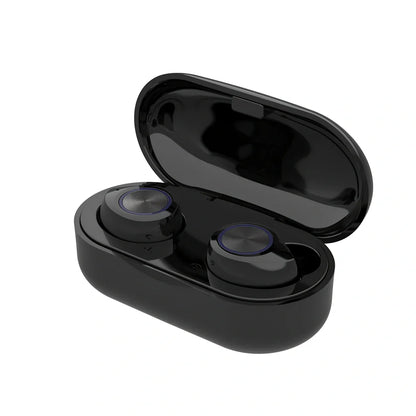 Bilateral stereo Bluetooth 5.0 earphones in black with 15m range for calls and music
