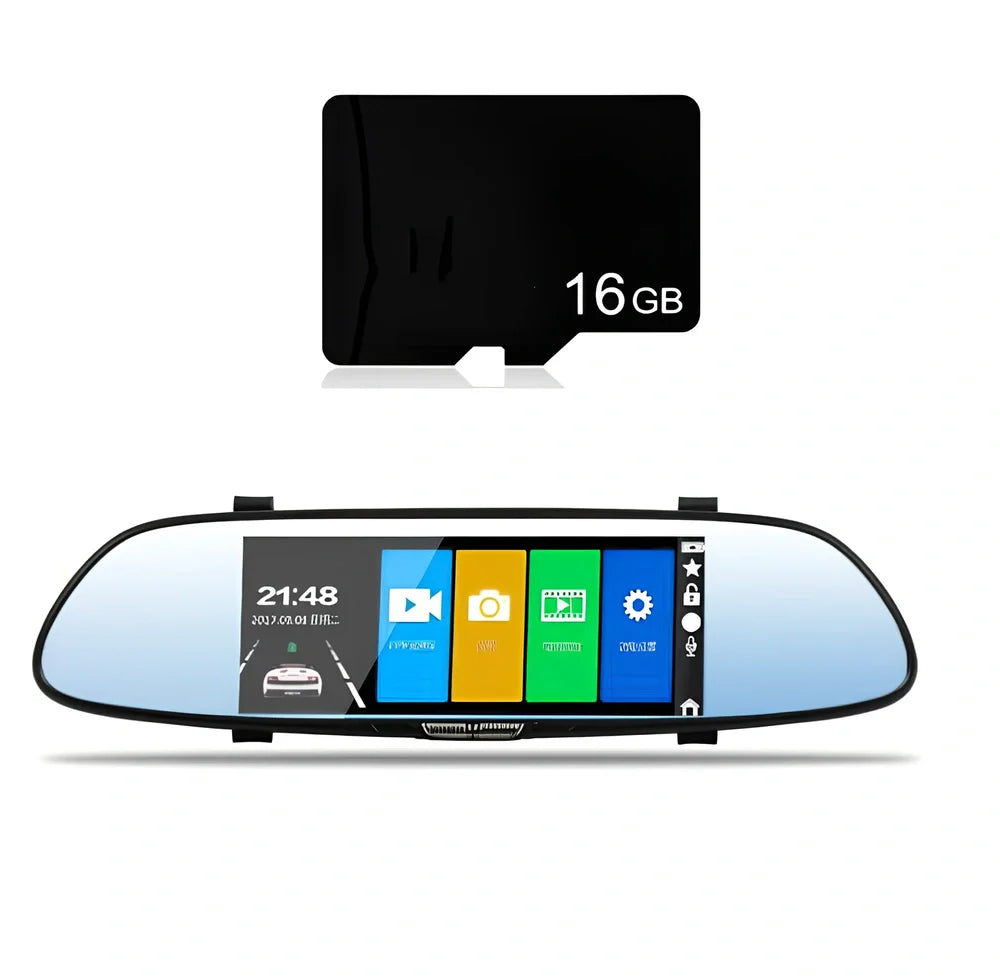 V37 7-inch screen driving recorder mounted on car windscreen showing 1080P footage playback