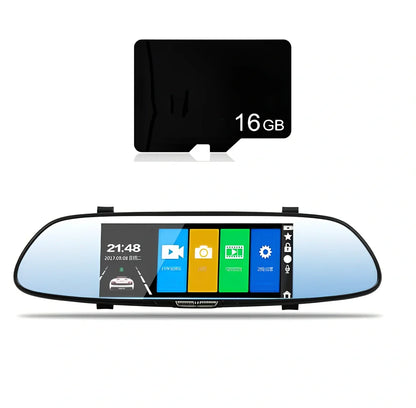 V37 7-inch screen driving recorder mounted on car windscreen showing 1080P footage playback