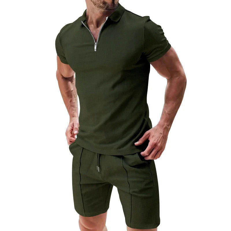 Men's summer waffle suit set with zipper lapel top and drawstring shorts in various colours