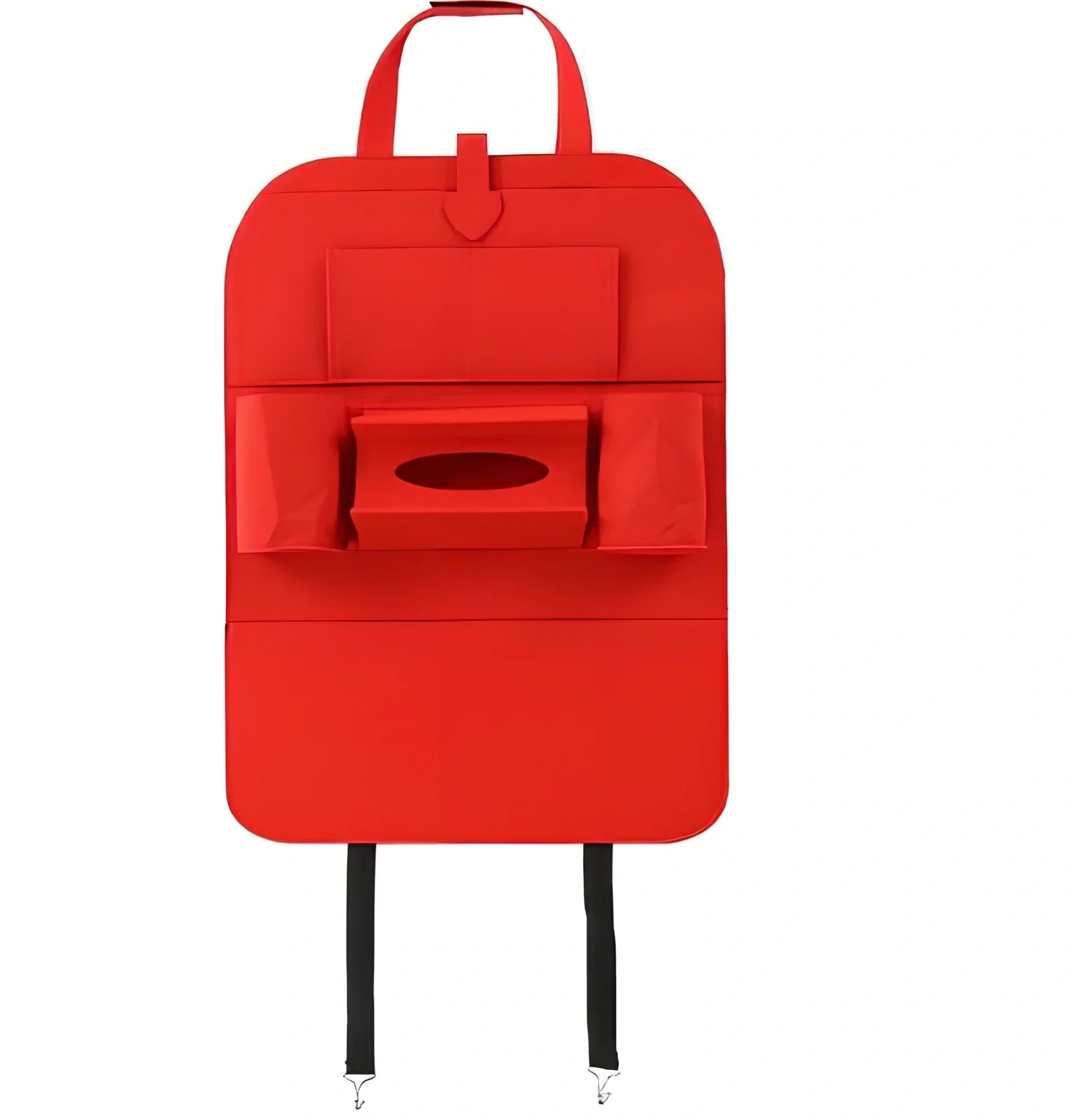 Wool felt car seat organiser bag with multiple pockets measuring 33cm wide