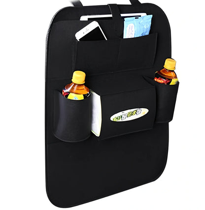 Wool felt car seat organiser bag with multiple pockets measuring 33cm wide
