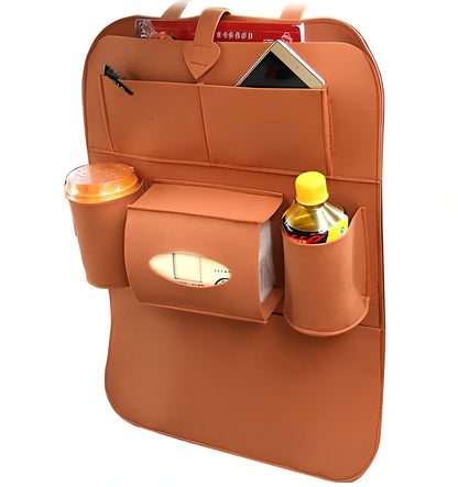 Wool felt car seat organiser bag with multiple pockets measuring 33cm wide
