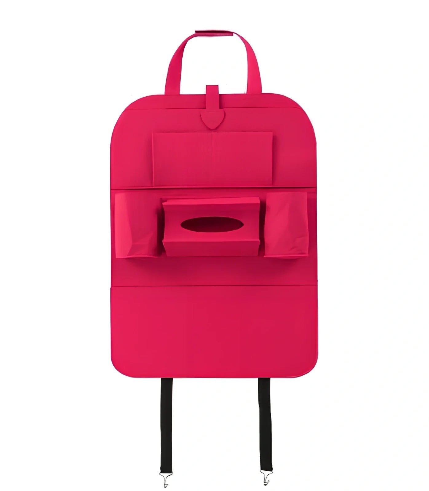 Wool felt car seat organiser bag with multiple pockets measuring 33cm wide