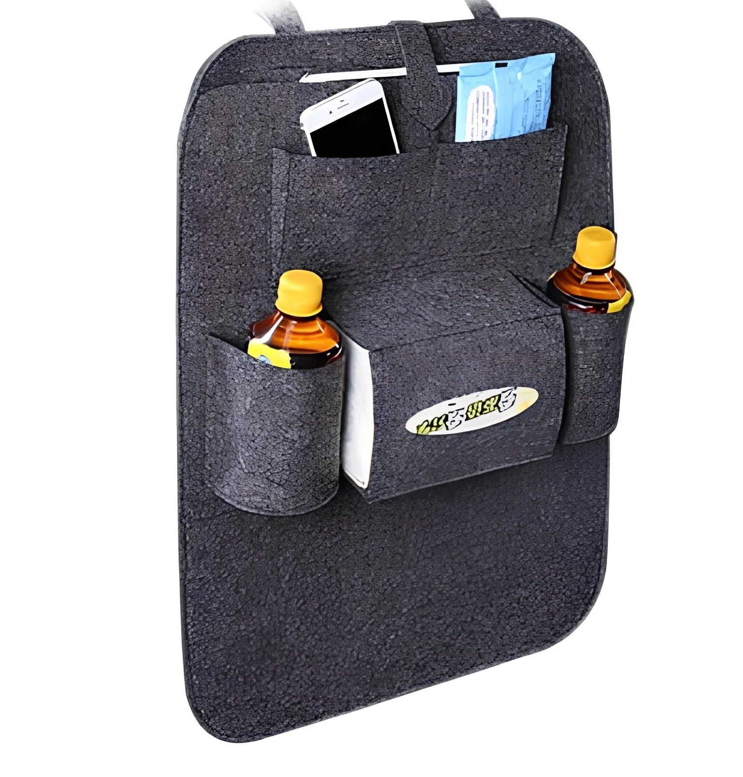 Wool felt car seat organiser bag with multiple pockets measuring 33cm wide