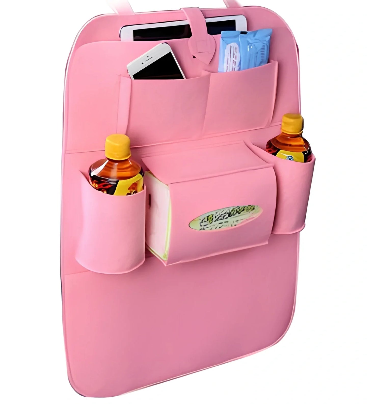 Wool felt car seat organiser bag with multiple pockets measuring 33cm wide