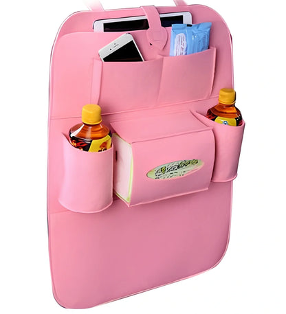 Wool felt car seat organiser bag with multiple pockets measuring 33cm wide