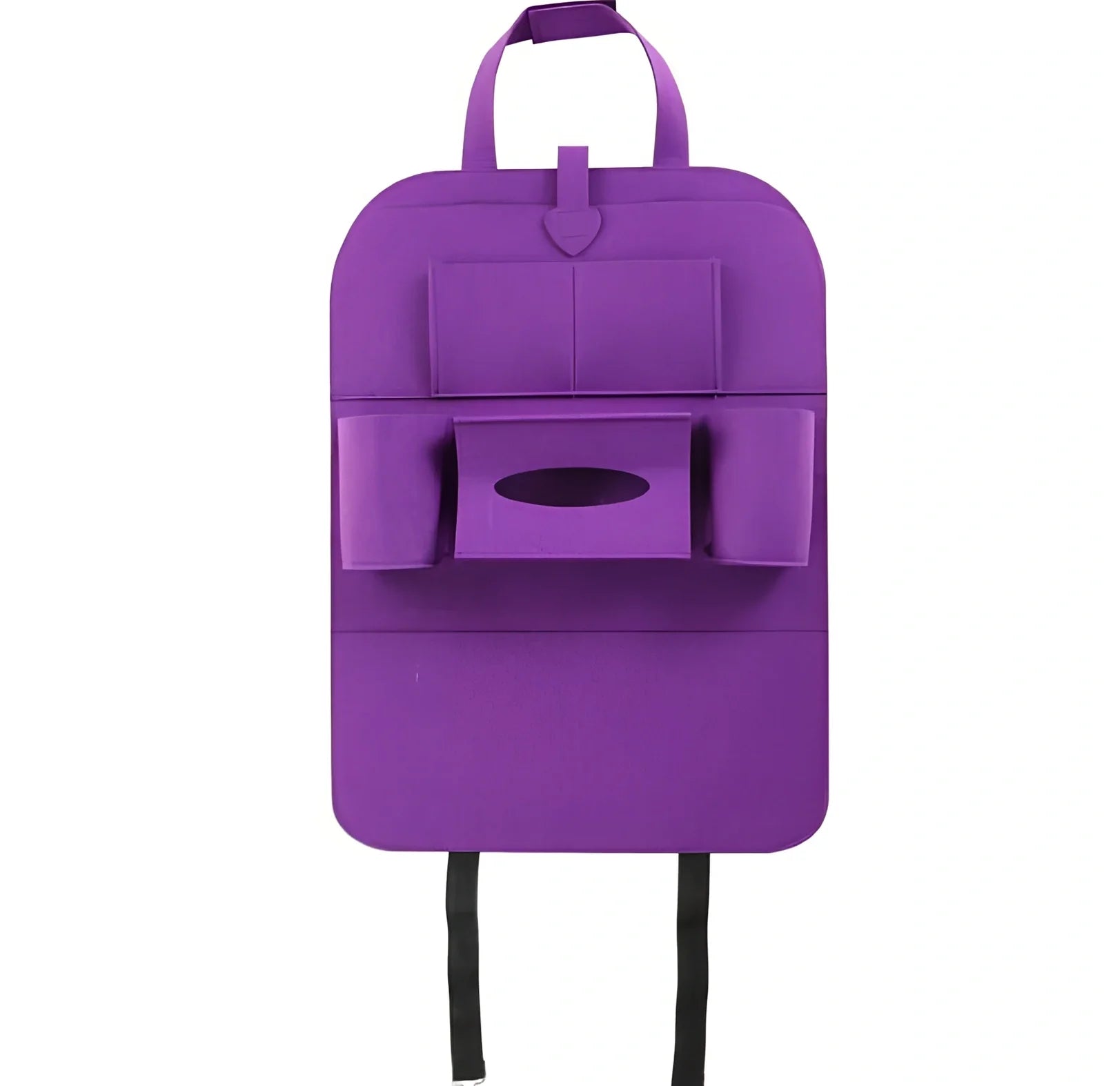 Wool felt car seat organiser bag with multiple pockets measuring 33cm wide