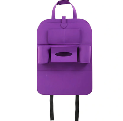 Wool felt car seat organiser bag with multiple pockets measuring 33cm wide