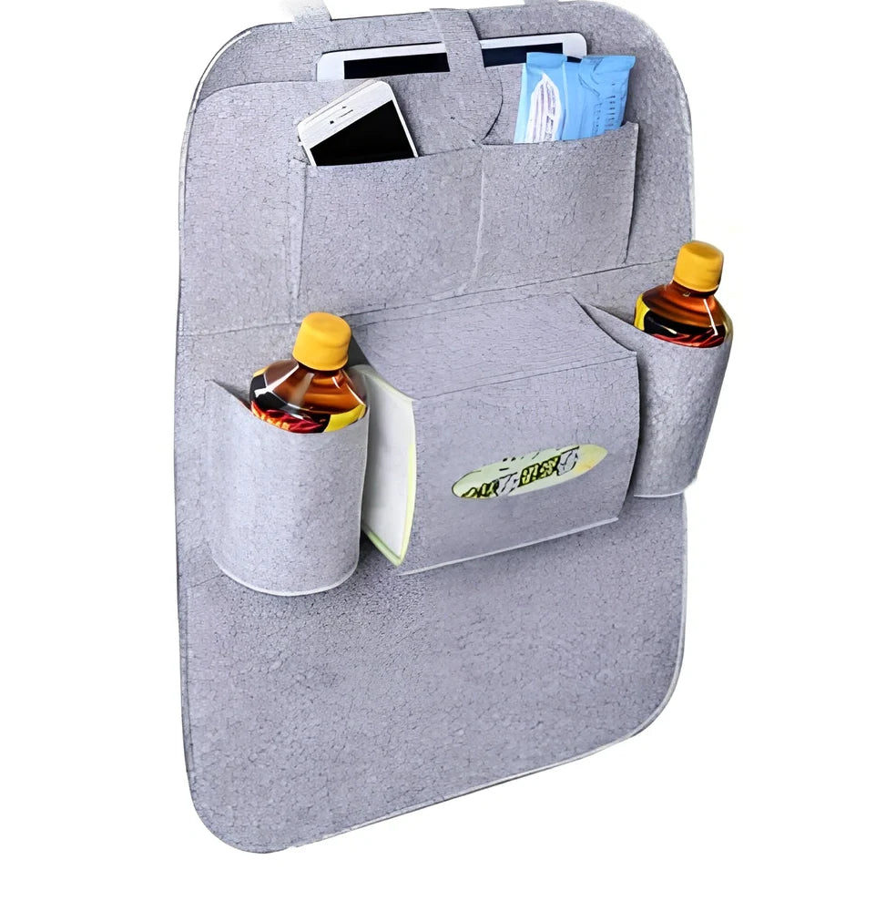 Wool felt car seat organiser bag with multiple pockets measuring 33cm wide