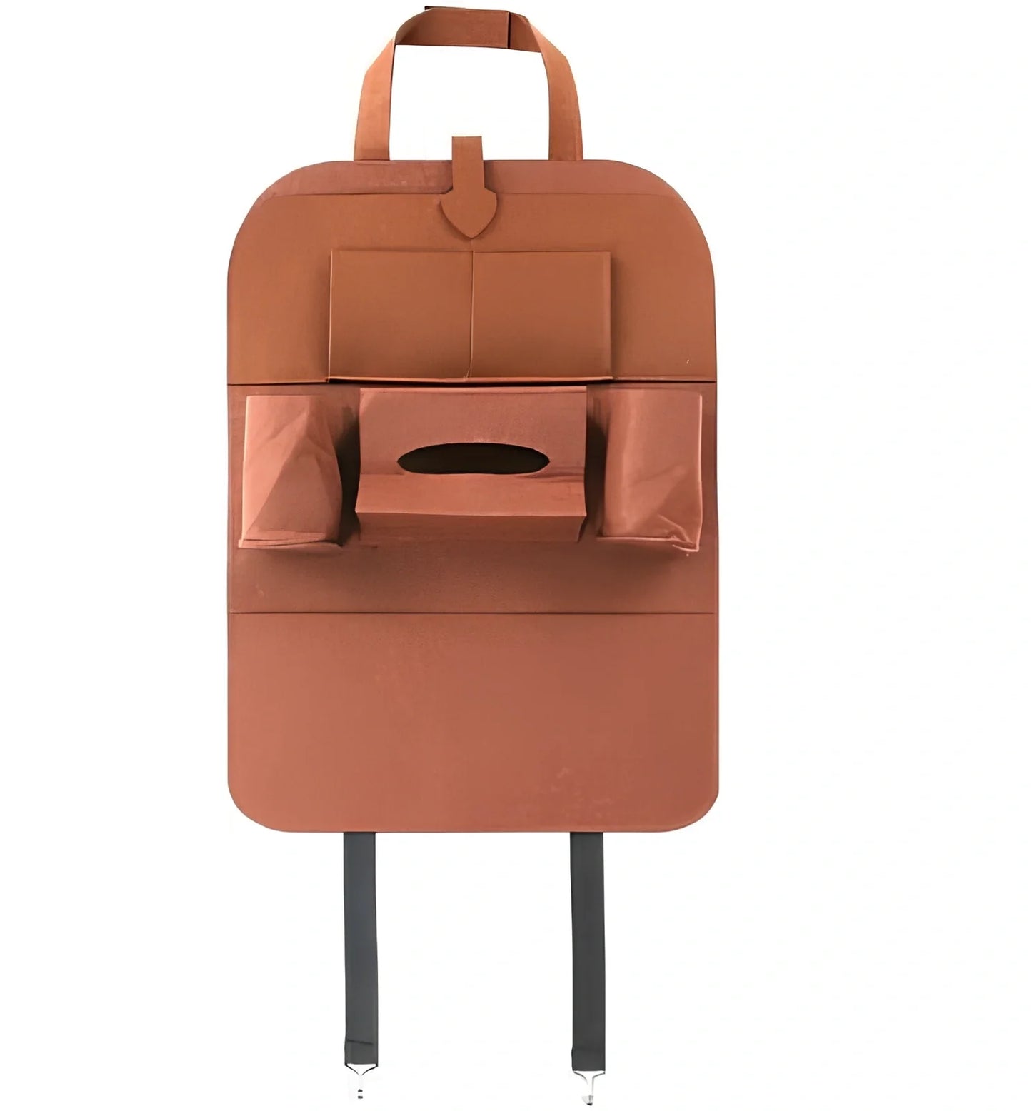 Wool felt car seat organiser bag with multiple pockets measuring 33cm wide