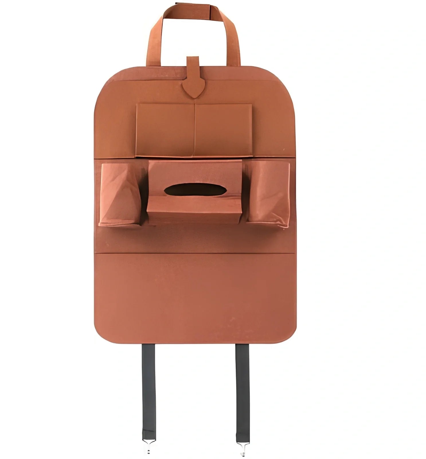 Wool felt car seat organiser bag with multiple pockets measuring 33cm wide