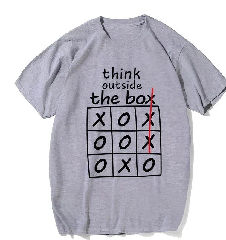 Think Outside The Box motivational T-shirt in grey, cotton blend, classic fit with double-needle hems, sizes XS-XXL