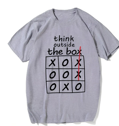 Think Outside The Box motivational T-shirt in grey, cotton blend, classic fit with double-needle hems, sizes XS-XXL
