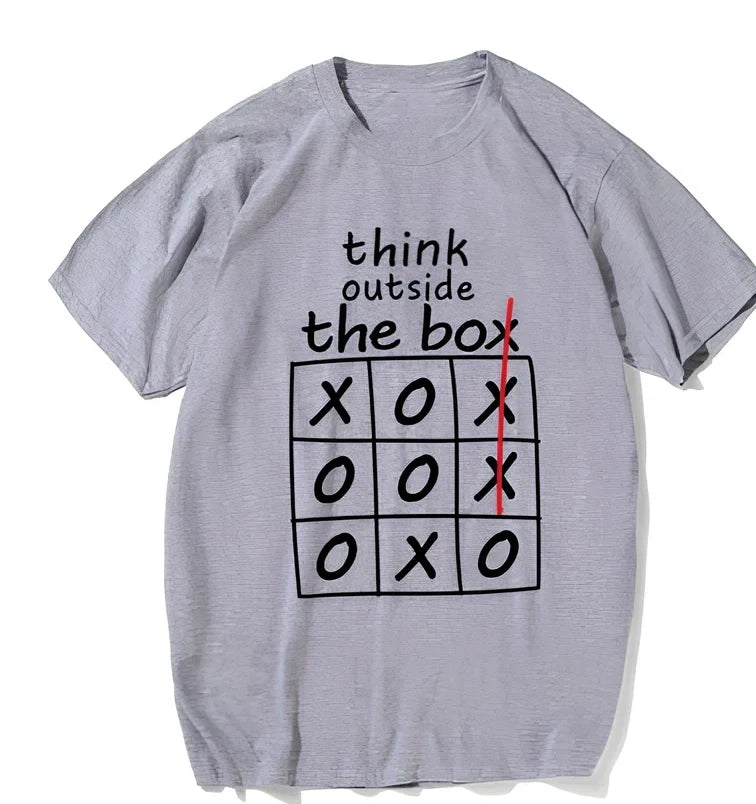 Think Outside The Box motivational T-shirt in grey, cotton blend, classic fit with double-needle hems, sizes XS-XXL
