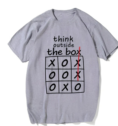 Think Outside The Box motivational T-shirt in grey, cotton blend, classic fit with double-needle hems, sizes XS-XXL