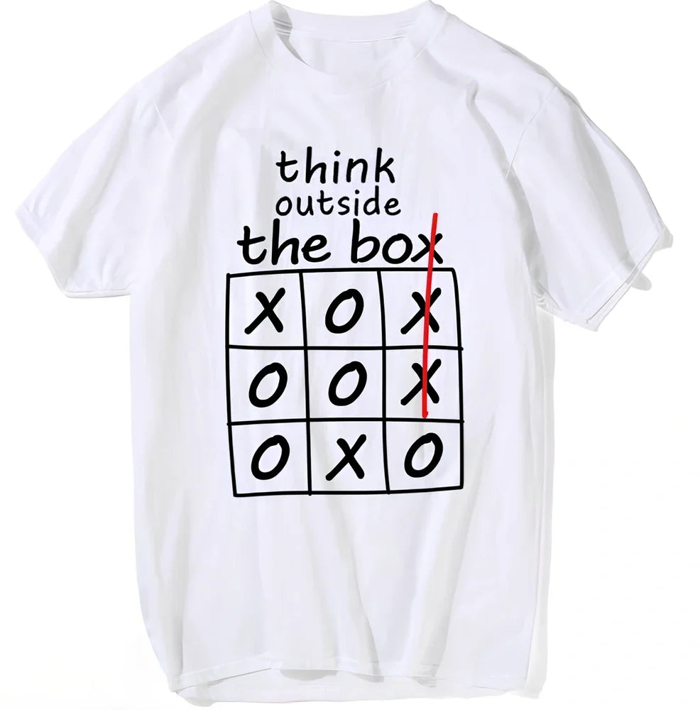 Think Outside The Box motivational T-shirt in grey, cotton blend, classic fit with double-needle hems, sizes XS-XXL