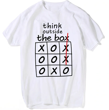 Think Outside The Box motivational T-shirt in grey, cotton blend, classic fit with double-needle hems, sizes XS-XXL