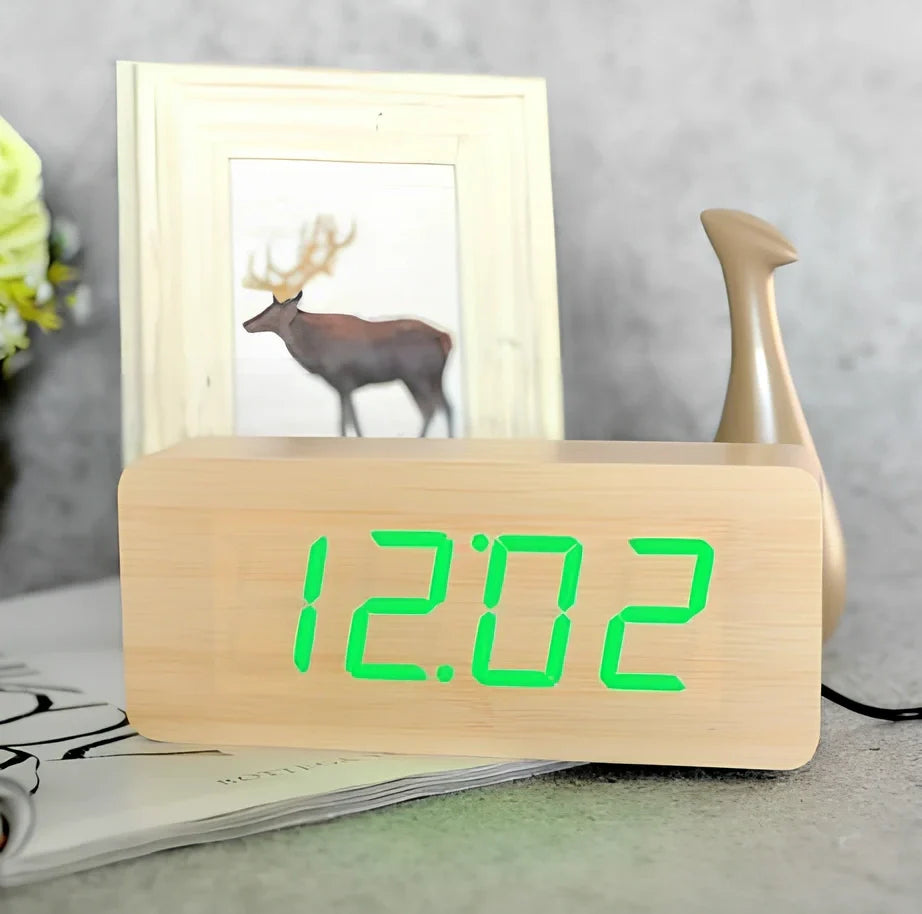 Rectangular wooden alarm clock 21cm long with LED display showing time, date, temperature rotation and voice control buttons