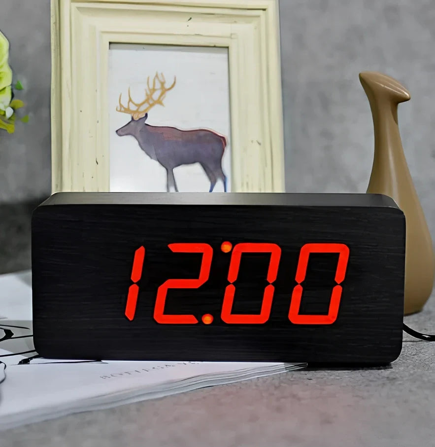 Rectangular wooden alarm clock 21cm long with LED display showing time, date, temperature rotation and voice control buttons