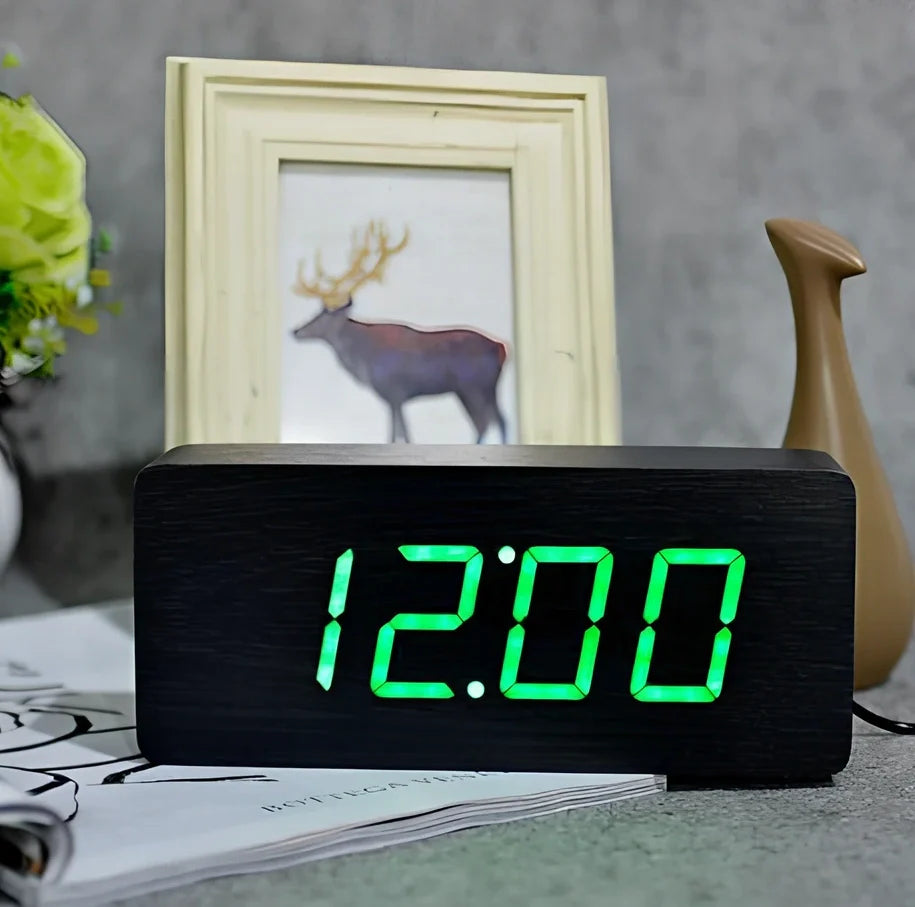 Rectangular wooden alarm clock 21cm long with LED display showing time, date, temperature rotation and voice control buttons