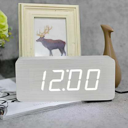 Rectangular wooden alarm clock 21cm long with LED display showing time, date, temperature rotation and voice control buttons