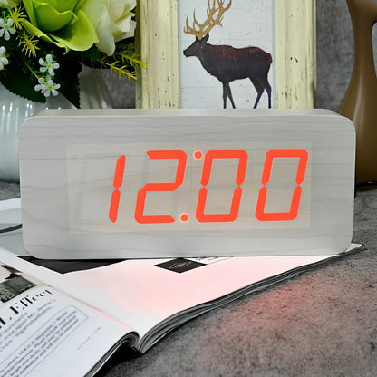 Rectangular wooden alarm clock 21cm long with LED display showing time, date, temperature rotation and voice control buttons