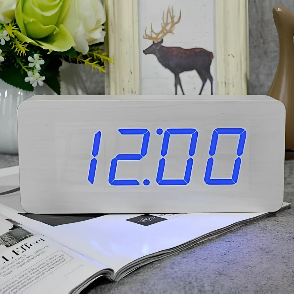 Rectangular wooden alarm clock 21cm long with LED display showing time, date, temperature rotation and voice control buttons