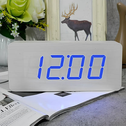 Rectangular wooden alarm clock 21cm long with LED display showing time, date, temperature rotation and voice control buttons