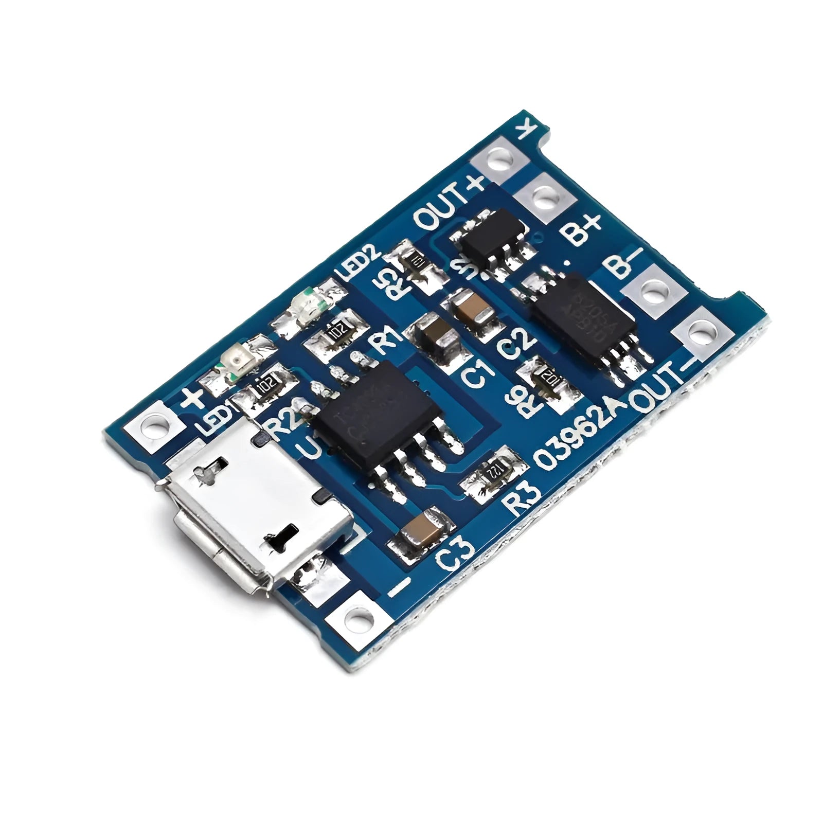 Blue lithium battery charging and protection integrated circuit board measuring 26 by 17 millimetres.