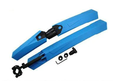 Plastic quick-release bicycle fenders set showing front and rear mudguards in black, blue, green, and red colour options
