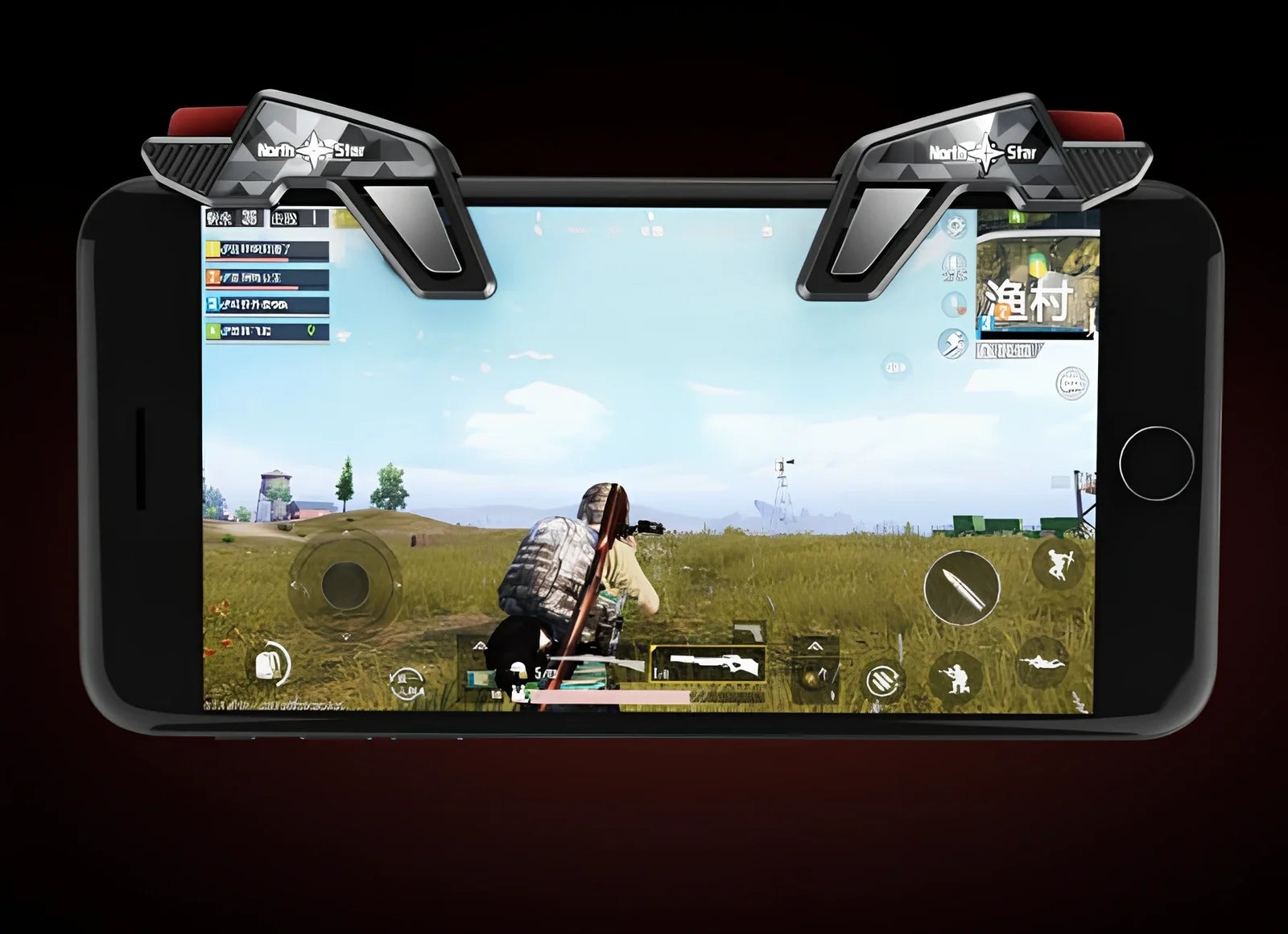 Pair of aluminium alloy L1R1 mobile game triggers attached to smartphone for PUBG shooting, showing enlarged sensitive buttons
