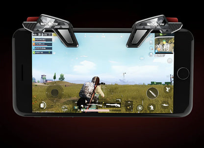 Pair of aluminium alloy L1R1 mobile game triggers attached to smartphone for PUBG shooting, showing enlarged sensitive buttons