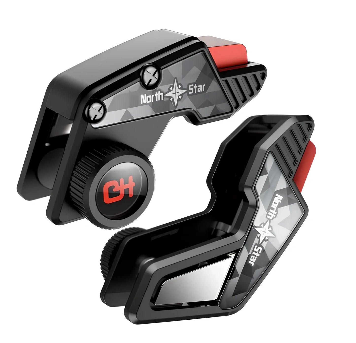 Pair of aluminium alloy L1R1 mobile game triggers attached to smartphone for PUBG shooting, showing enlarged sensitive buttons