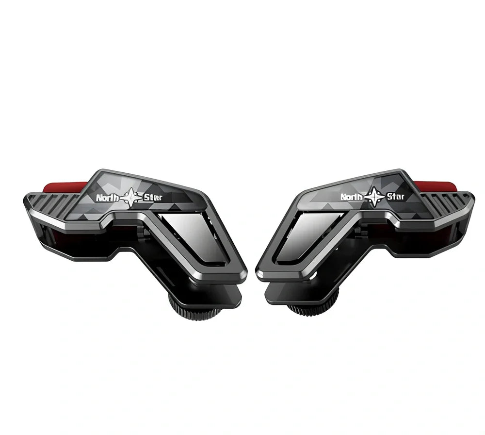 Pair of aluminium alloy L1R1 mobile game triggers attached to smartphone for PUBG shooting, showing enlarged sensitive buttons