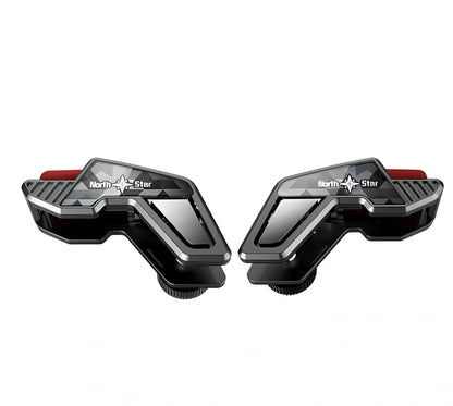 Pair of aluminium alloy L1R1 mobile game triggers attached to smartphone for PUBG shooting, showing enlarged sensitive buttons