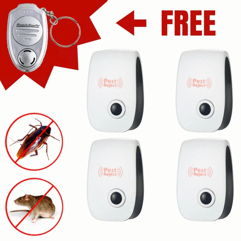 Electronic ultrasonic pest repeller for home use, measuring 90x56x50mm